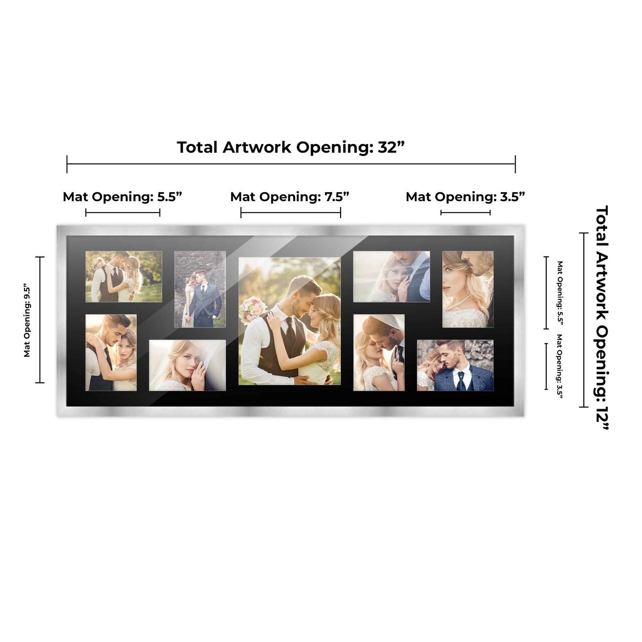 Stainless Steel Silver Wood Finish Collage Frame - Black Mat, 20 Frame Sizes to Choose From, UV Acrylic, Wall Hanging Hardware, Vertical or Horizontal Display